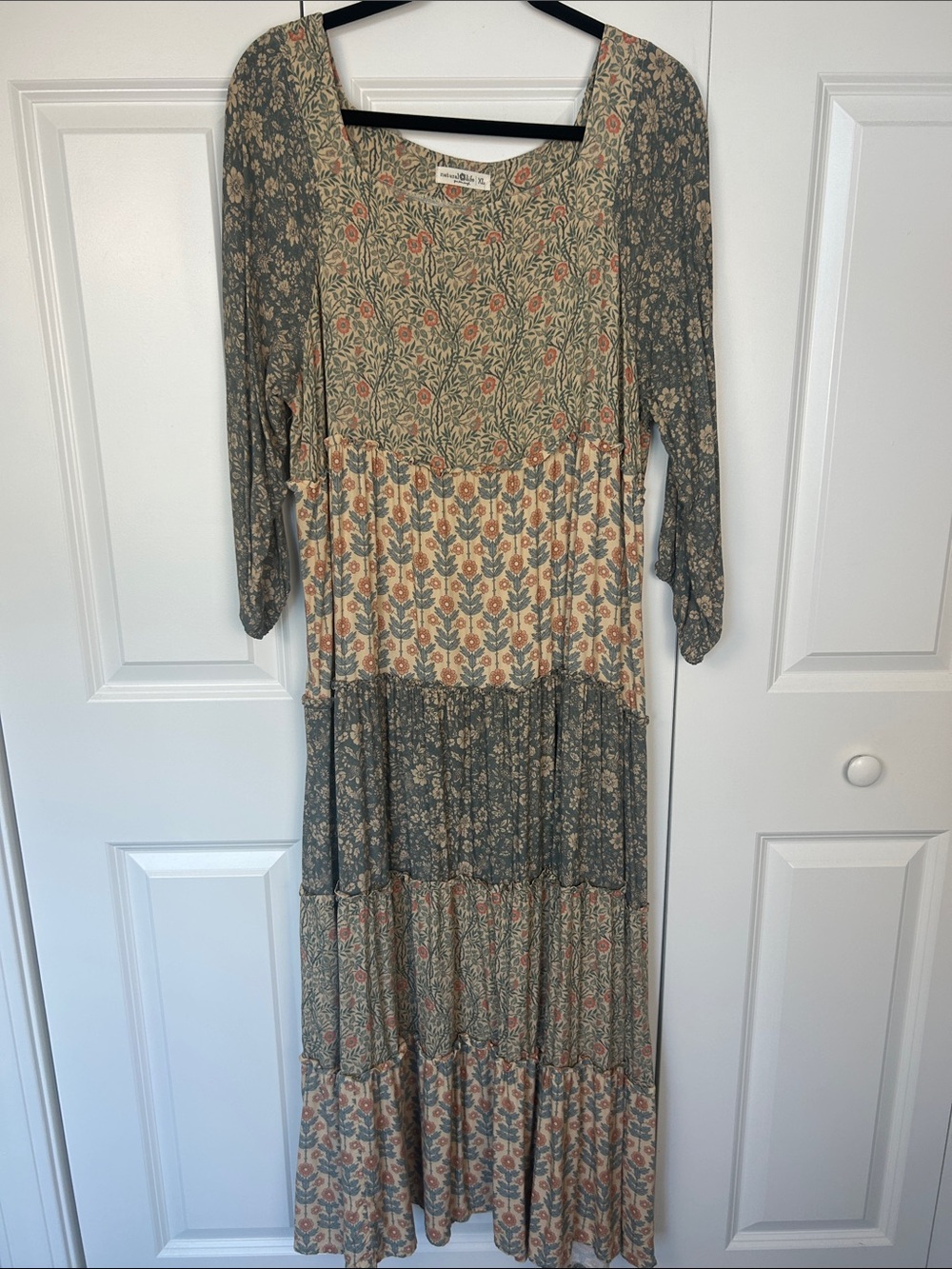 NATURAL LIFE Green & Cream Floral Tiered Maxi Dress Size XL